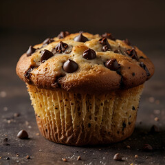 Fluffy chocolate chip muffin with rich toppings and golden crust