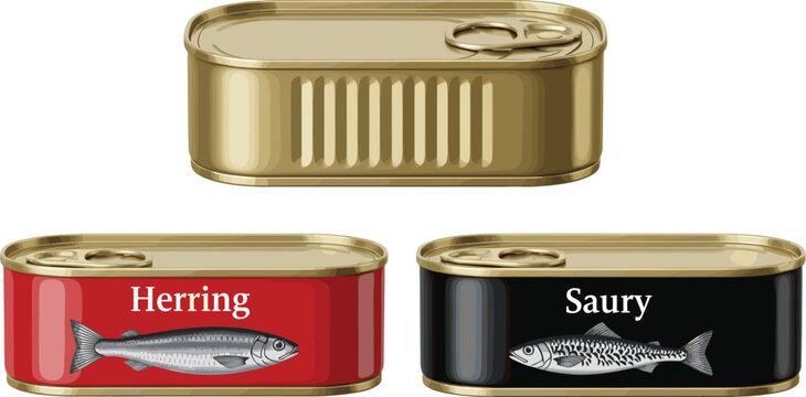 Canned fish vector illustration set showing metal tins of herring and saury seafood packaging isolated on white