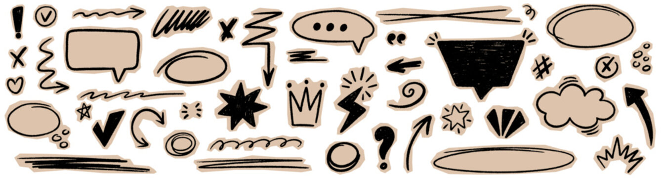 Cut out scrapbook doodle elements. Hand drawn crayon pencil various oval, highlight, emphasis mark, check marks set. Grunge strikethrough and underline. Vector torn craft paper shapes with scribbles