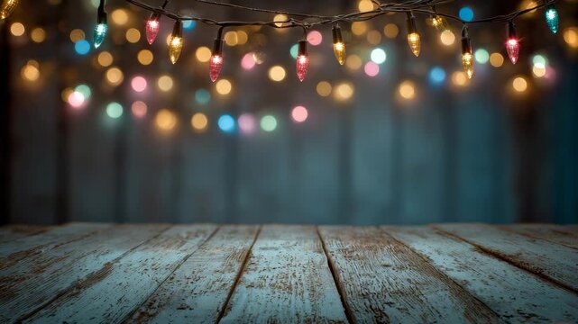 Festive string light bokeh above rustic wooden table with glowing bulbs, colorful blurred background, cozy warm ambiance, cheerful holiday celebration, and party atmosphere for seasonal gatherings
