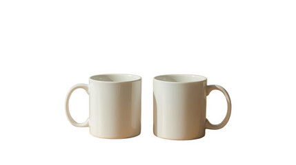 Two identical plain white ceramic coffee mugs positioned side by side ready for customized printing or design application on transparent background