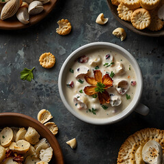 Creamy clam chowder served with crackers and garnished beautifully