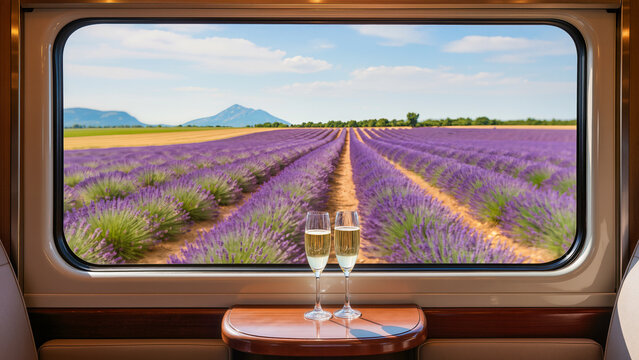 A first-person perspective from inside a luxury train carriage. Two elegant flutes of champagne stand on a wooden table in front of a large window. Outside, rows of vibrant purple lavender stretch tow