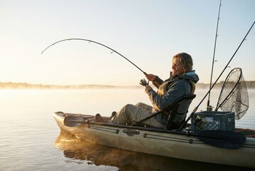 Fishing from a kayak in early morning light on a calm lake with mist rising above the water