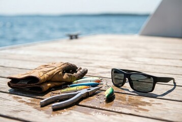 Fishing tools and gear placed on a wooden dock during a sunny day by the water