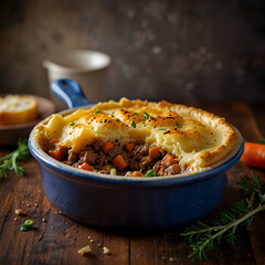Cottage pie with golden topping served in a rustic setting