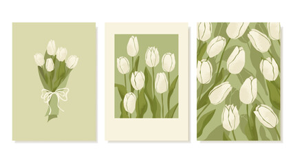 Set Of Posters With White Tulips. Botanical illustration of flowers with textures for the design of wedding invitations, postcards with International Women's Day, Mother's Day