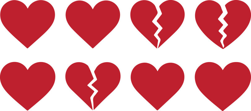 A visual representation of full and broken red heart shapes symbolizing love and heartbreak