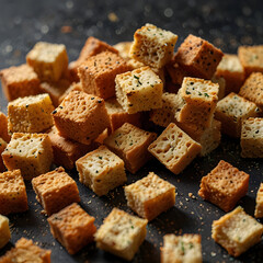 Crispy croutons sprinkled with herbs for delicious salads and soups
