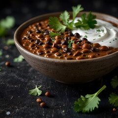 Dal Makhani with cream and herbs in a rustic bowl