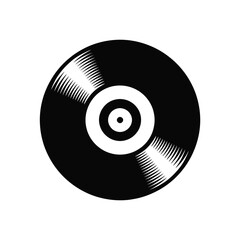 a black vinyl record with a white label on a plain white background