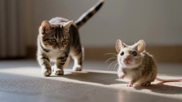 Cat and mouse dancing synchronously on sunlit floor indoors. Concept of contrast, harmony, humor, and unexpected friendship