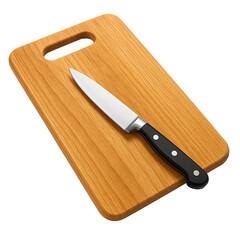 Kitchen knife on wooden cutting board isolated on transparent background