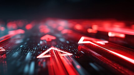 Dynamic visual of bright red arrows speeding forward, with blurred trails against a dark background