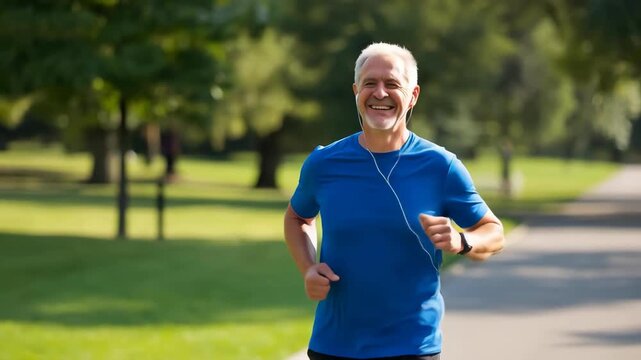 An older man jogging in a park. Healthy lifestyle and longevity concept.