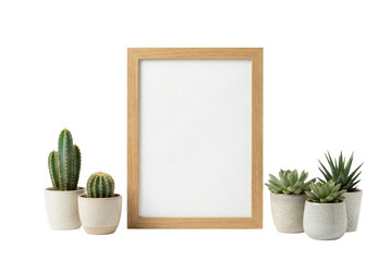 Blank Wooden Photo Frame Surrounded by Succulents and Cacti on Transparent Background