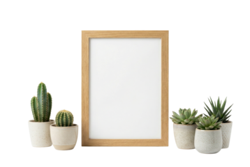Blank Wooden Photo Frame Surrounded by Succulents and Cacti on Transparent Background