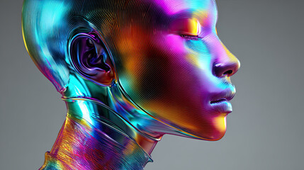 Futuristisches Portr&auml;t mit irisierenden Farben und digitaler Oberfl&auml;che. Fokus auf Licht, Reflexion und moderne &Auml;sthetik
