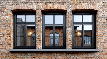 Fototapeta premium Three elegant black-framed windows set in a rustic brick wall, showcasing reflections of interior lighting and architectural details, enhancing the urban aesthetic and charm of the building