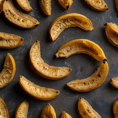 Dried bananas arranged beautifully on a rustic background
