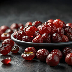 Dried cranberries in a black bowl on a dark stone surface