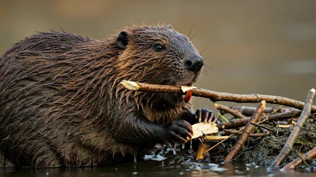 Close-up of a busy beaver working in the water. Wild animal gnawing on a wood branch to build a dam. North American wildlife in its natural habitat