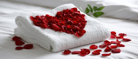 Red rose petals form heart shape on white towel, creating romantic setting for special occasions like weddings and Valentine's Day