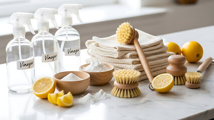 Natural household cleaning supplies with vinegar spray bottles lemons baking soda and wooden scrub brushes on white marble surface for healthy living