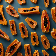 Dried papaya slices arranged artfully on a blue background