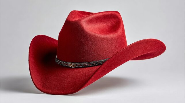 Red cowboy hat with a decorative band, showcasing a classic western style, placed on a neutral background, emphasizing its vibrant color and unique design elements for fashion and lifestyle contexts