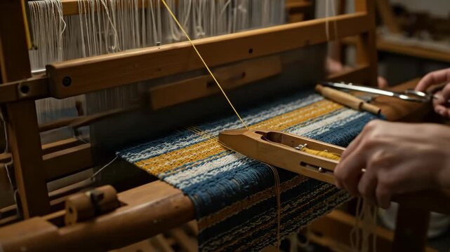 Close-up of hands weaving on a wooden loom with a shuttle. Artisan creating blue and yellow textile fabric. Traditional craftsmanship concept