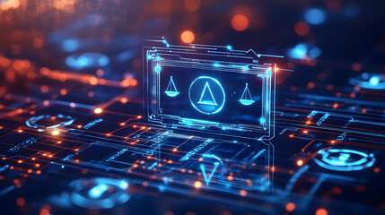 A futuristic digital illustration of a scale icon on a neon-lit circuit board representing technology and justice