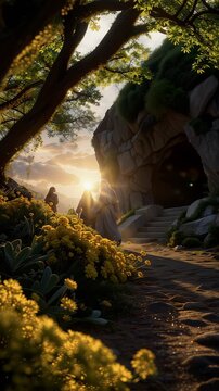Bible Easter A peaceful and hopeful image of Mary Magdalene and other women approaching the empty tomb of Jesus at sunrise.