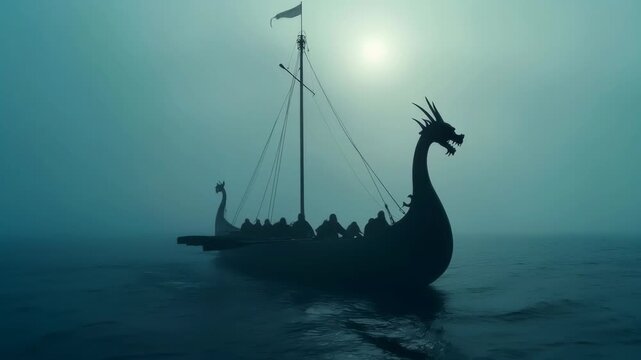 A Viking longship on a cold grey ocean