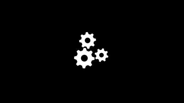 3 white gears spinning. Gears rotating animation. gear icon rotation animation on black background. 4k video
