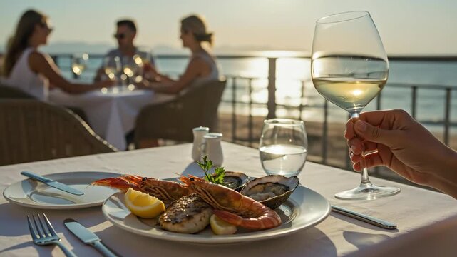 Person holding white wine with a seafood platter at dinner. Fine dining at a luxury restaurant by the sea during sunset. Gourmet coastal vacation lifestyle