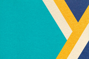 Abstract teal textured paper background with beige, yellow, blue geometric lines, copy space for banner presentation