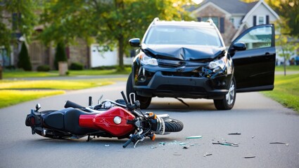 Damaged red motorcycle lying on road after collision with black car