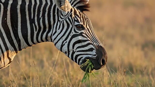 A close-up of a zebra eating green grass. Wild animal grazing in an African savanna at sunset. Wildlife in its natural habitat