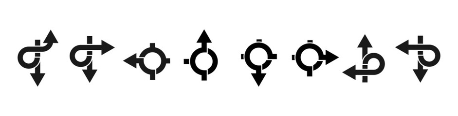 Road navigation arrows set. Navigation arrows with round location icons for road maps, traffic direction, path planning and turn guidance