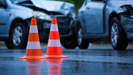 Two orange traffic cones on wet road near crashed cars accident scene