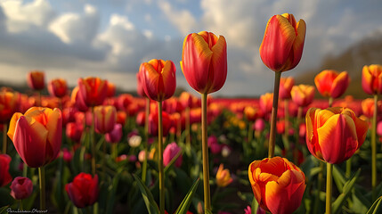 Vibrant orange and red tulips in full bloom under a cloudy sky in a serene natural landscape with lush greenery and varied colorful flowers