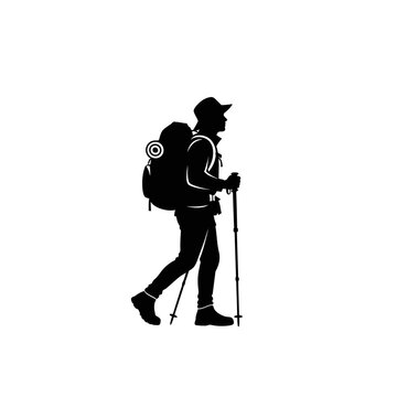 Hiker Walking with Backpack and Trekking Poles.