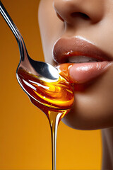 Nahaufnahme von Lippen und L&ouml;ffel mit flie&szlig;endem Honig. Fokus auf Textur, Glanz und sinnliche Food-Fotografie in klarer, moderner Studio-Komposition.