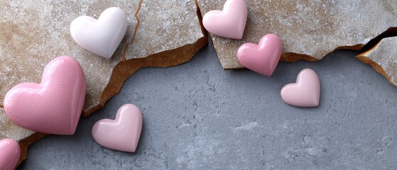 Heart-shaped crack in concrete wall shows love and strength in urban setting with pink hearts representing resilience and hope for Valentine's Day