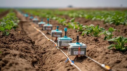 Medium shot showing installation of traps with attractants on crop rows for monitoring and reducing pest populations effectively.