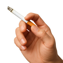Smoking cigarette close up in fingers isolated on transparent background