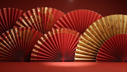 Red folding fans arranged in a row