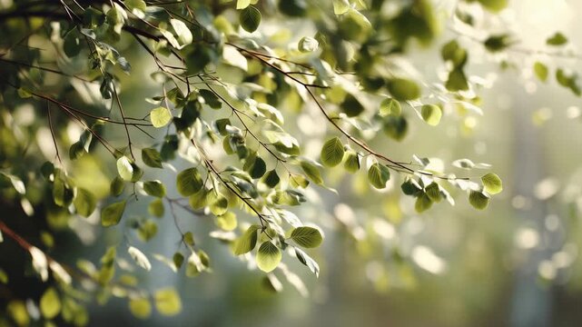 Close-up of fresh green spring leaves gently moving on thin branches in soft natural sunlight, creating a calm and peaceful nature background ideal for wellness, ecology and seasonal concepts