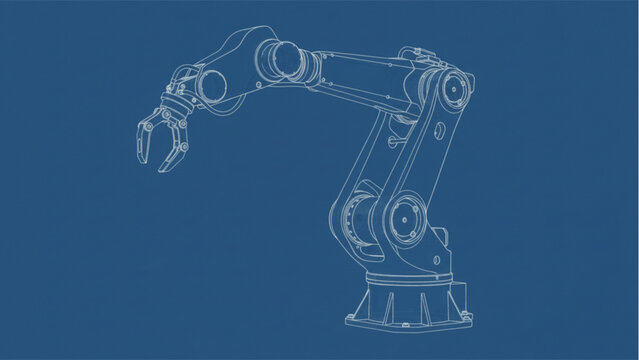 Industrial Robotic Arm Blueprint Style Engineering CAD Technical Illustration
